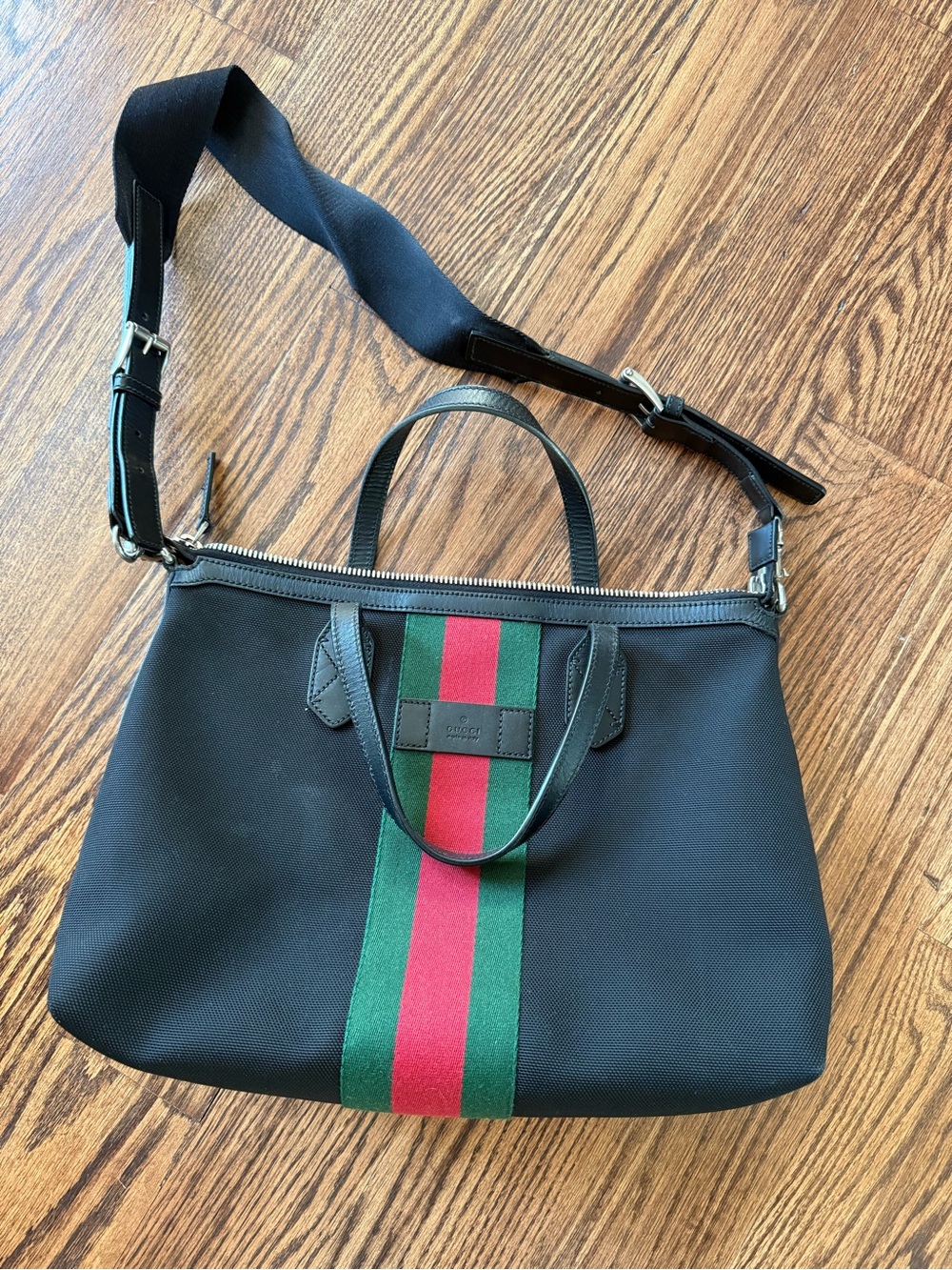 Gucci Black Crossbody Tote with Green and Red Web Stripe